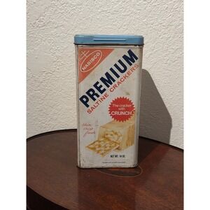 Vintage Nabisco Premium Saltine Crackers Tin 14 oz Blue Lid‎ Advertising Decor
